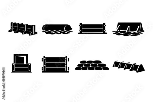 Collection of Various Black Silhouette Barrier Designs for Environmental Protection and Flood Control Applications