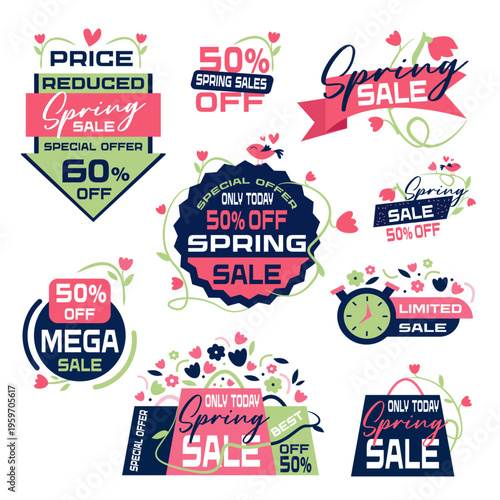Spring discount vector badge in pastel style illustration. Green and pink colors. Floral offer and leaf promotion create fresh savings look. Ideal for spring promo banners