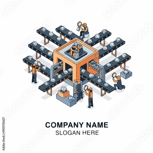 Isometric illustration of a diamond cutting and polishing factory with workers on conveyor belts.