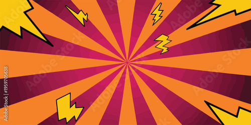 Dynamic abstract background with radiating lines and lightning bolts. Energetic, comic book style.