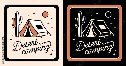 Desert camping western summer camp tent glamping party cowboy theme camper trip sticker patch badge logo. Retro vintage aesthetic cactus black illustration printable shirt design emblem poster print.