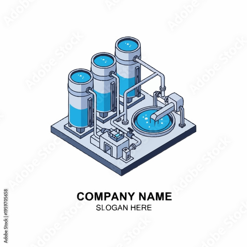 Isometric illustration of an industrial water treatment plant with tanks, pipes, and a circular basin.