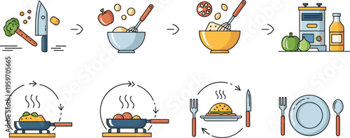 Cooking process illustrations set with preparation mixing frying serving and kitchen workflow steps vector collection