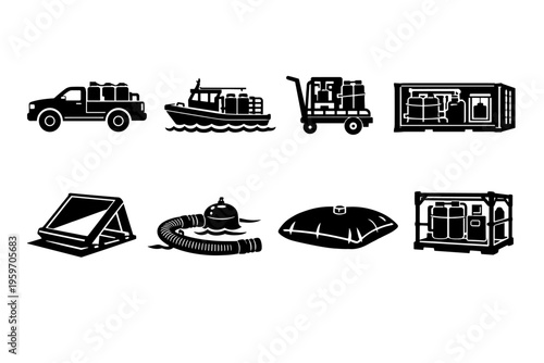 Illustration Depicting Various Transportation and Storage Methods for Goods Including Trucks, Boats, and Containers