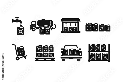 Illustration Depicting Various Aspects of Fuel Transportation and Storage Systems Utilizing Containers and Equipment for Efficient Management