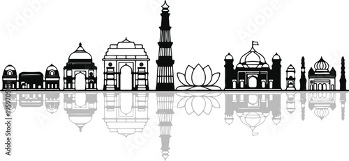 Indian landmarks skyline silhouette, architectural monuments and famous buildings reflection, travel