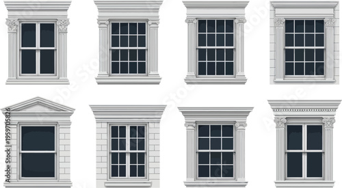 A collection of classic architectural windows featuring traditional frames and ornate details isolated on a white background for building design and historical illustration