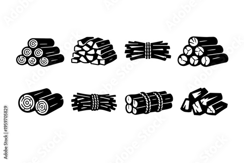 A Collection of Stylized Stackable Wood Logs and Bundles Illustrating Various Shapes and Arrangements for Use in Decorative or Functional Designs