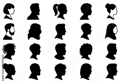 Collection of diverse human profile silhouettes with various hairstyles including hijab and dreadlocks