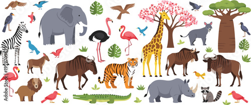 -Large collection of flat vector wild animals and birds including elephant tiger giraffe rhino zebra flamingo crocodile and tropical safari trees for educational nature design.