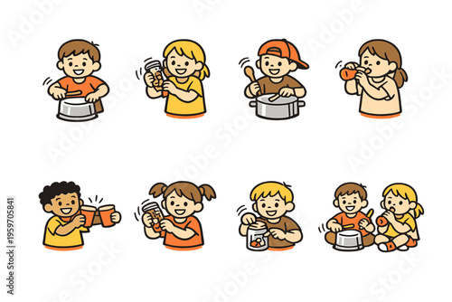 Creative Kids Engaging in Fun Activities: Cooking, Crafting, and Playtime Moments Captured in an Colorful and Whimsical Illustration