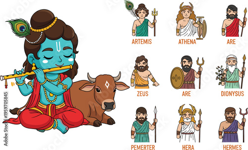 Vector illustration set featuring Lord Krishna with flute and cow alongside Greek gods like Zeus Athena and Hermes for diverse mythological cultural education.