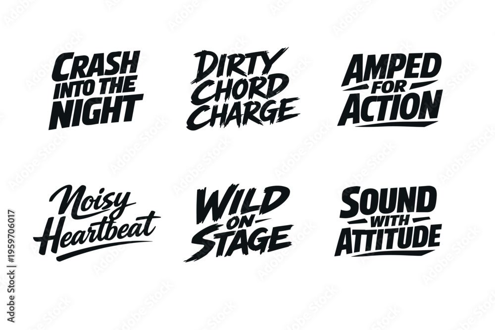 Obraz premium Creative Typography Designs Featuring Bold Phrases and Energetic Words Perfect for Music Events and Artistic Creations