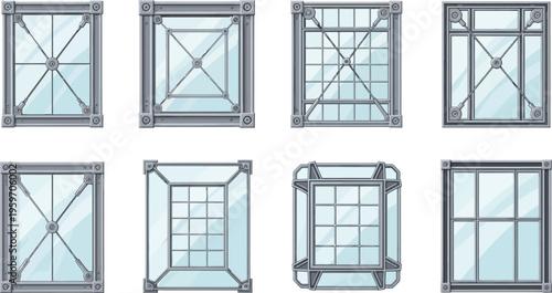 Collection of industrial-style windows featuring metal frames and glass panes with diverse grid patterns and cross bracing ideal for architectural design or game development