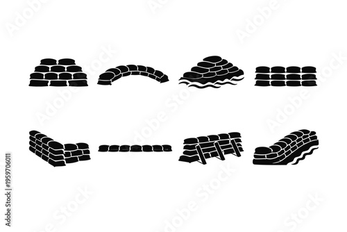 A Comprehensive Overview of Various Stone Structures and Patterns in Simple Black Silhouettes for Architectural and Design Inspiration