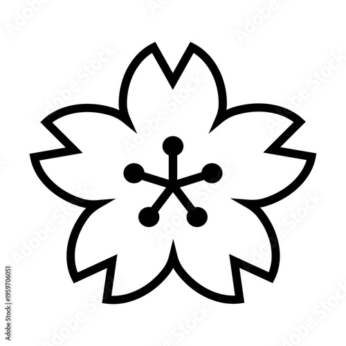 桜の花アウトラインアイコン おしべ付きサクラ線画デザイン 春の植物ベクター素材 / Sakura flower outline icon with stamens cherry blossom line vector
