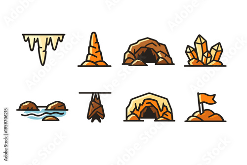 Illustrative Collection of Various Cave and Mineral Symbols Representing Natural Formations and Geographical Features