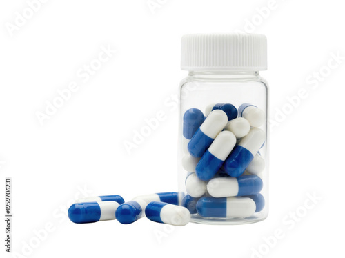 Blue and white capsules in a clear bottle isolated, medication pills for healthcare and pharmaceutical use on no background