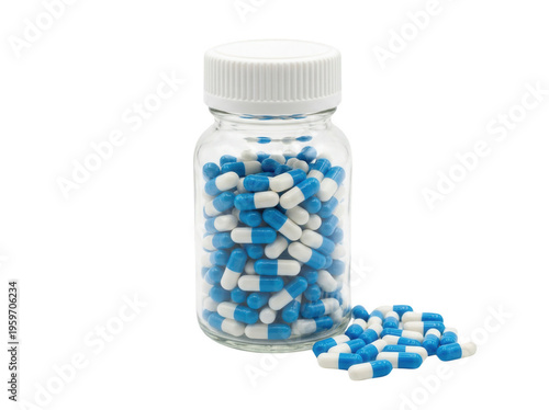 Blue and white capsules in a clear bottle isolated, medication pills for healthcare and pharmaceutical use on no background