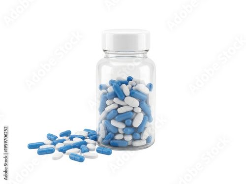 Blue and white capsules in a clear bottle isolated, medication pills for healthcare and pharmaceutical use on no background