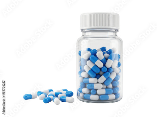 Blue and white capsules in a clear bottle isolated, medication pills for healthcare and pharmaceutical use on no background