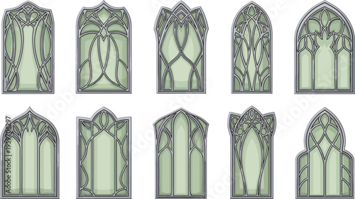 Set of intricate fantasy windows and gothic arches featuring ornate elven-style frames with a magical green glow perfect vector elements for game design UI or architectural concepts isolated on white