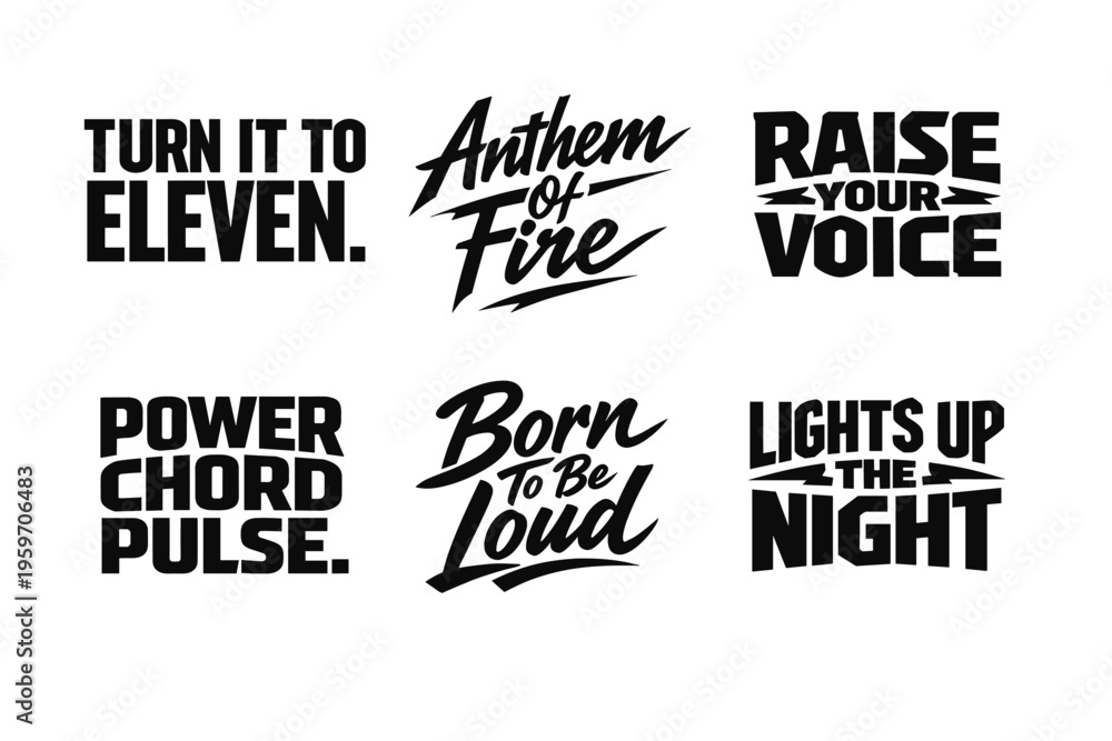 Obraz premium A Collection of Bold Typography Representing Musical Themes and Energetic Expressions Through Catchy Phrases and Slogans in Black and White.