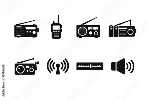 A Comprehensive Collection of Various Radio and Audio Devices Illustrating Communication and Sound Technology