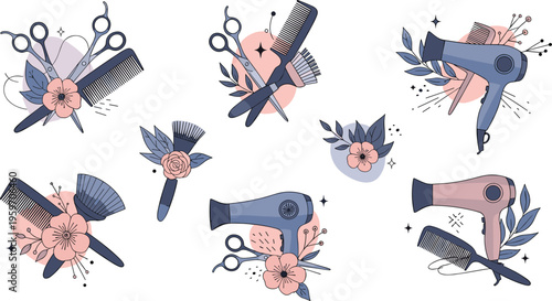 Hair salon decorative illustrations set with scissors comb hairdryer flowers and beauty styling elements vector collection