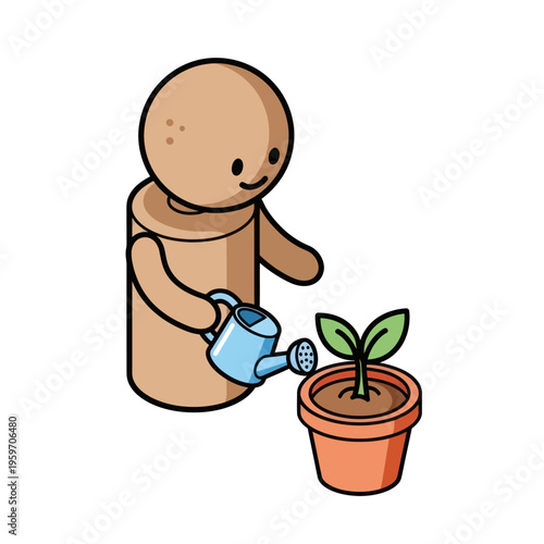 Wooden Figure Nurturing a Plant with Watering Can.