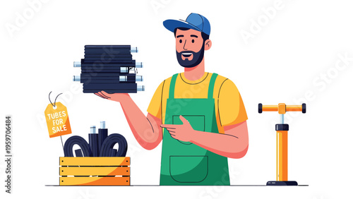 Bicycle Parts Seller: A friendly and skilled bicycle mechanic presents various parts, including tires and tubes, signifying their expertise in cycle repair and maintenance. 