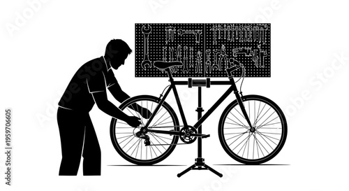 Man repairing bicycle on stand with screen displaying cityscape behind