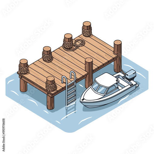 Isometric Illustration of a Dock with Boat and Ladder.