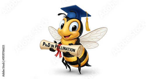 A cartoon bee wearing a graduation cap holds a diploma with a PhD in pollination.