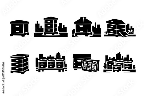 Illustrative Collection of Black and White Hive Structures and Beekeeping Equipment with Urban Background Elements Depicting Honey Production
