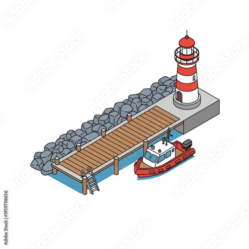 Isometric Lighthouse Scene with Dock, Boat, and Coastal Breakwater.