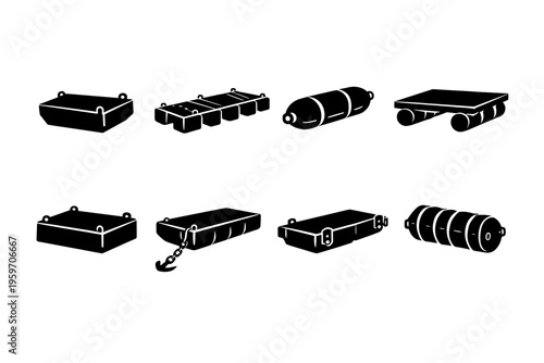 A Diverse Collection of Various Types of Floating Devices and Equipment for Watercraft, Including Rafts and Buoys, Showcased in Simple Black Silhouettes