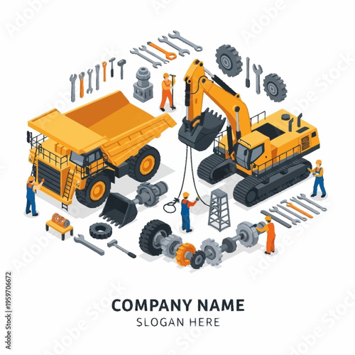 Isometric illustration of construction machinery, including a dump truck and excavator, with various tools and spare parts arranged around them, symbolizing repair and maintenance.