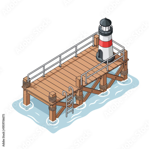 Isometric Pier with Lighthouse Illustration on Water.