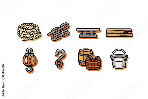 Illustration of Various Nautical and Construction Tools Including Rope, Chains, Hooks, Barrels, and Buckets in a Modern Design