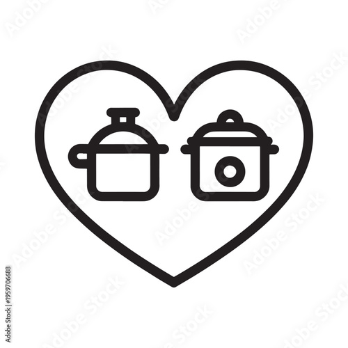 A black and white illustration depicts two cooking pots inside a heart shape symbolizing love for cuisine