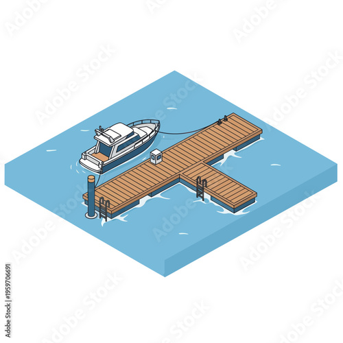 Isometric Illustration of Boat Docked at Wooden Pier.