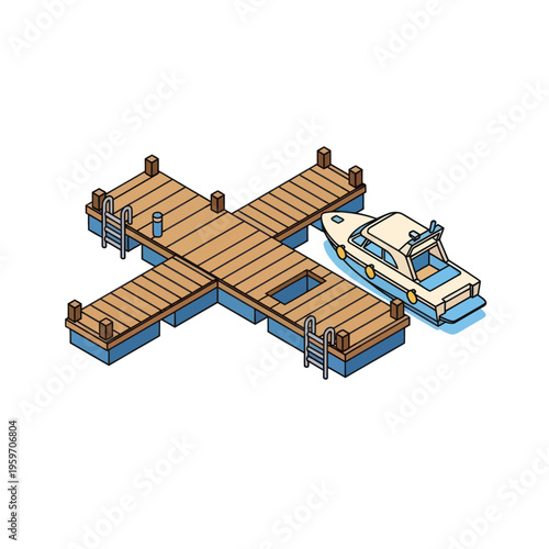 Isometric Illustration of a Dock with Boat.