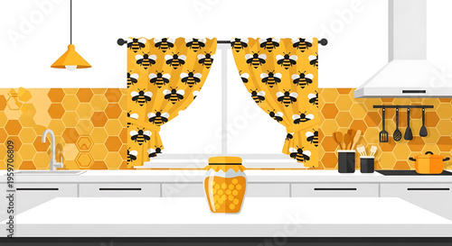 A modern kitchen interior with honeycomb patterned curtains and walls, featuring a jar of honey on the counter.