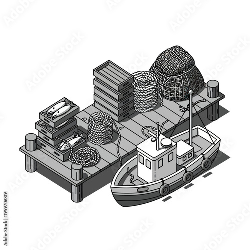 Isometric Fishing Pier Scene with Boat and Supplies Illustration.