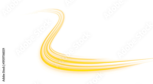 Golden curved light streak glows brightly on dark background. Smooth luminous trail conveys speed, motion, and futuristic energy. Ideal PNG for tech or branding projects.