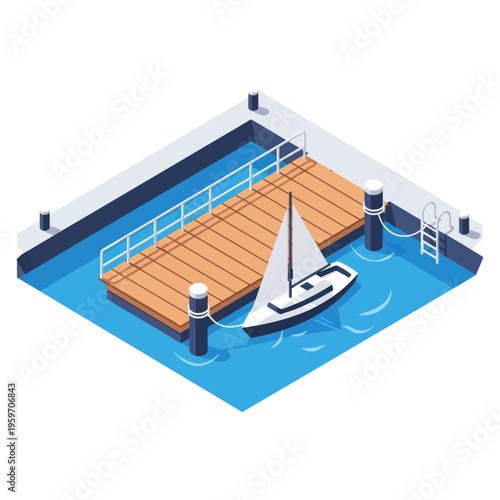 Isometric View of Sailboat Docked at Pier with Wooden Deck.