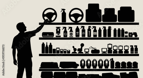 Man in silhouette reaches for steering wheel on cluttered shelf with various objects