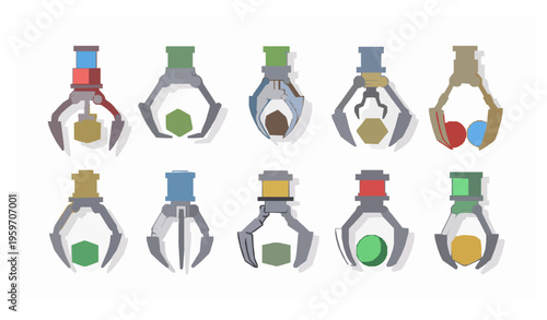 Colorful robotic claw machine vector set with arcade grippers holding objects in playful cartoon style