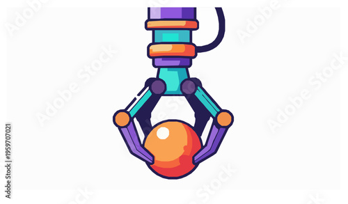 Cartoon robotic claw grabbing prize ball vector illustration in colorful arcade game style isolated on white